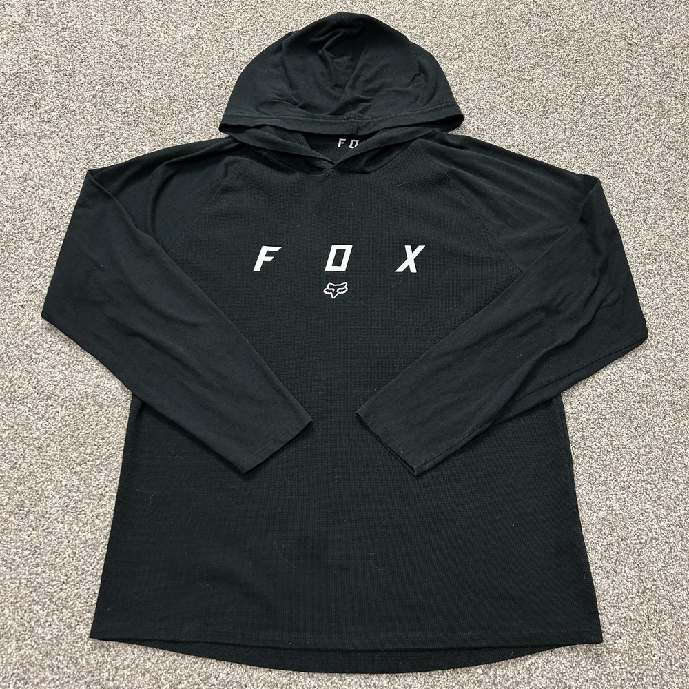 Fox Hoodie Mens 2XL Black Thermal Knit Pullover Tagless Logo Graphic Sweatshirt